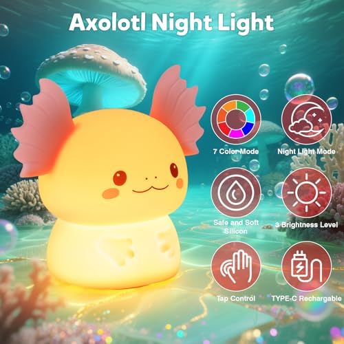Axolotl Night Light for Kids, Rechargeable Bedroom Bedside Lamp, Night Lamp for Kids Room, Dimmable Nursery Night Light,Girls Boys Room Decor 3 Level Brightness,Animal NightLight for Baby and Toddler