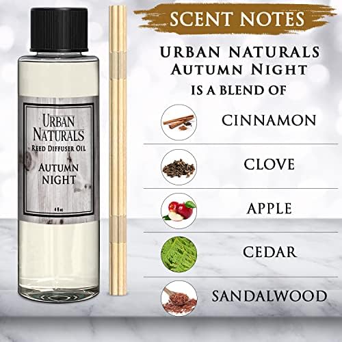 Urban Naturals Autumn Night Reed Diffuser Refill Oil with Free Set of Reed Sticks. Woodsy Fall Scent – Cinnamon, Nutmeg, Clove, Apple, Cedar & Sandalwood, 4 oz