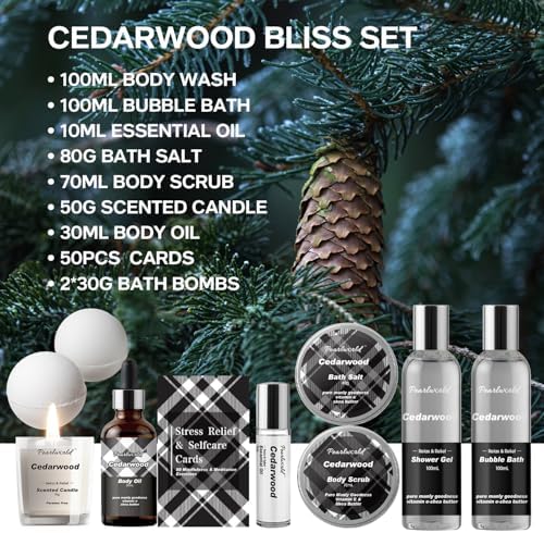 12Pcs Men's Spa Gift Set - Cedarwood Bath & Body Care Kit, Home Spa Set with Natural, Perfect Gifts for Men - Father's Day, Birthday, Valentine's & Christmas
