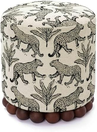 First of a Kind Ottoman Foot Rest - Cream Fabric Round Ottoman Stool with Solid Wood Spherical Orbs - 15.7" W x 15.7" D x 18.3" H - Handmade, Easy Clean, 330 lbs Weight Capacity