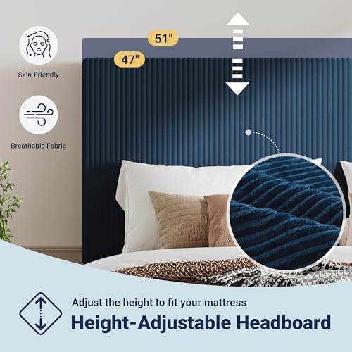 Allewie Full Bed Frame, Corduroy Tufted Headboard, Dark Blue