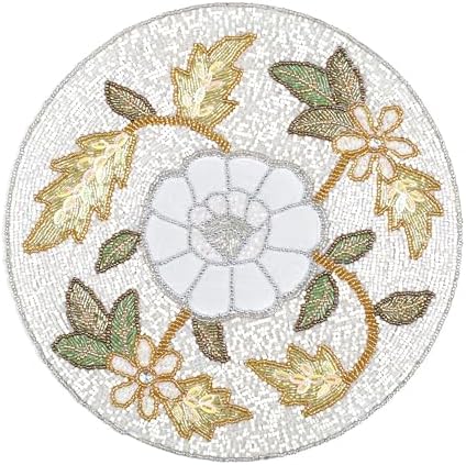 Beaded Round Placemat 13 Inch,Gold Ivory Multi Floral Leaf Design Table Mat