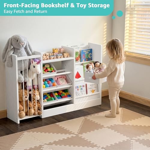 BOLUO Kids Toy Storage Organizer with Bookshelf, 3-in-1 Kid Book and Toy Storage Holder Shelves for Baby Toddler Playroom Living Room White