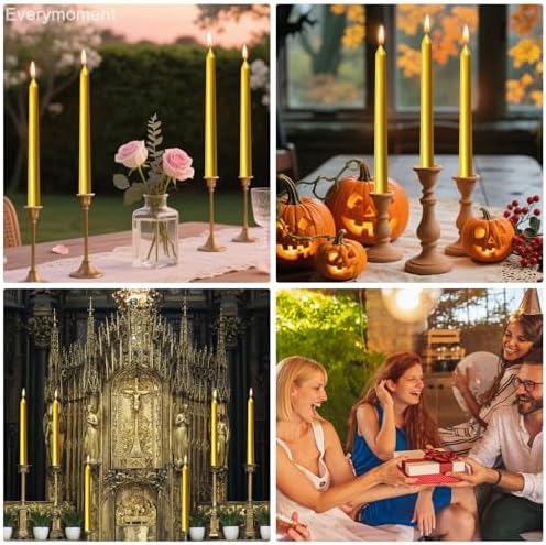 Everymoment Gold Taper Candles - 12 Pack 10 Inch Candlesticks - Dripless & Smokeless for 8 Hours - Unscented Paraffin Wax - Ideal for Wedding Christmas Anniversary New Year's Eve & Luxury Decor
