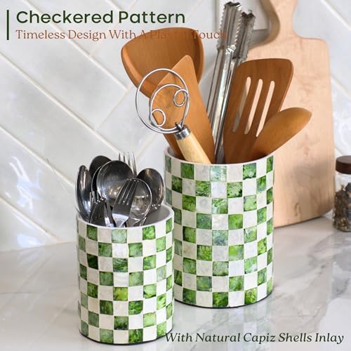 Chi An Home 7,4"+5.8" Capiz Pistachio Green Checkered Utensil Holders Set 2
