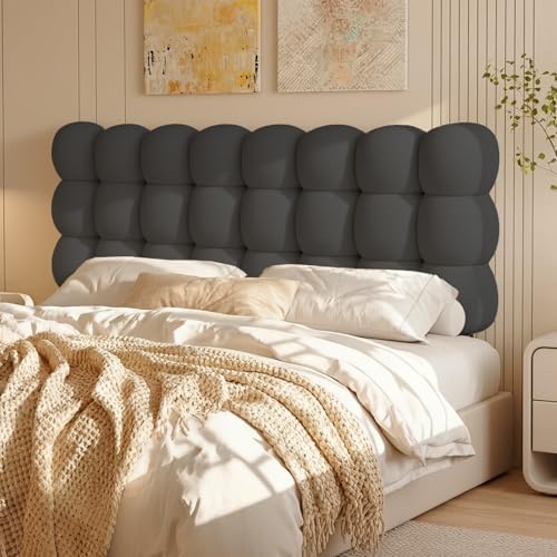 Pinmoco Queen Upholstered Headboard with Adjustable Height, Ergonomic Design, Memory Foam Cloud-Shaped, Teddy Fleece, Grey