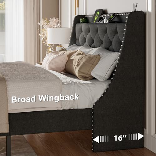 Feonase Queen Bed Frame with Luxury Wingback and Fast Charging Station,Upholstered Button Tufted Storage Headboard Queen Platform Bed,Sturdy Wooden Slats Support,Noise-Free,Easy Assembly,Dark Gray