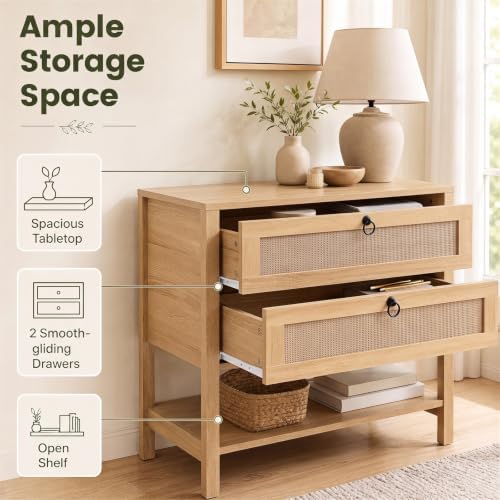 GIANTEX Rattan Nightstand with 2 Drawers, 27" Wide Boho Bedside Table