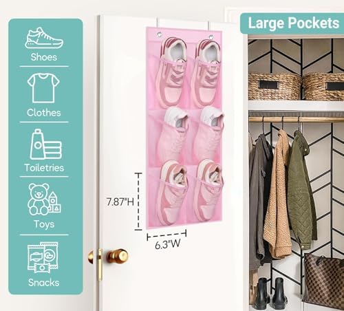 2 Packs Narrow Kids Over the Door/Wall Shoe Organizer Small Baby Hanging Shoe Rack for Closet with Clear Mesh Pocket Shoe Storage for Toddler Girl Bedroom, Bathroom, RV, Pantry, Camping (Pink)
