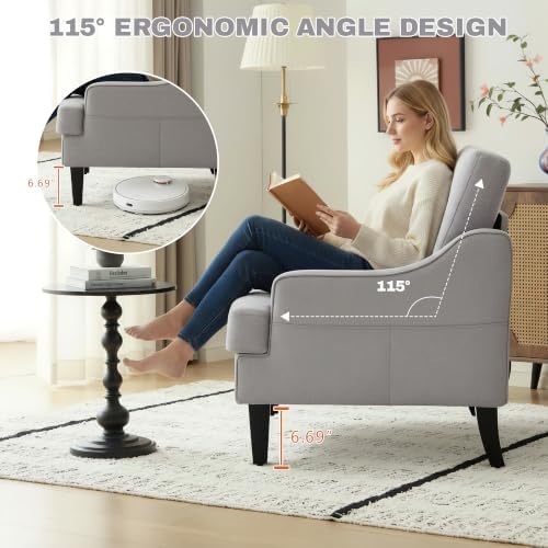 Mid-Century Accent Chair, Comfy Arm Chair Upholstered Living Room Chair for Bedroom, Fabric Reading Chair with Wood Legs for Apartment, Waiting Room, Vanity Room (Gray)