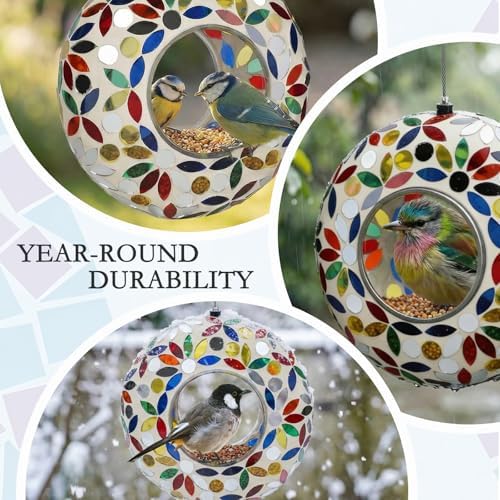 6 Inch Mosaic Glass Fly Through Bird Feeder for Outdoors, White