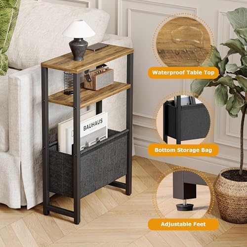 Narrow Side Table, Slim End Table with Magazine Rack, Skinny Bedside Table for Small Spaces, 3 Tier Sofa Couch Table Nightstand for Living Room, Bedroom, Walnut Brown LET503BR