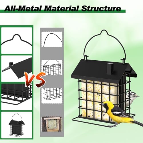 Gbekery All-Metal Double Suet Bird Feeder for Outdoors Hanging, Black Roof
