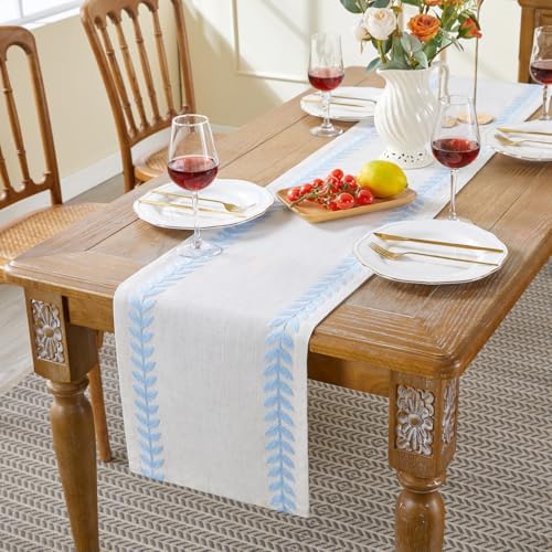 Wracra Embroidered Table Runner, Blue Table Runners 36 Inches Long
