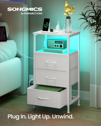 SONGMICS Nightstand with Charging Station, 3 Fabric Drawers