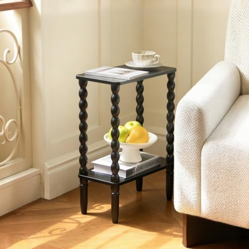 Fultyle Black Narrow Side Table, Narrow End Table with Shelf, Bedside Table