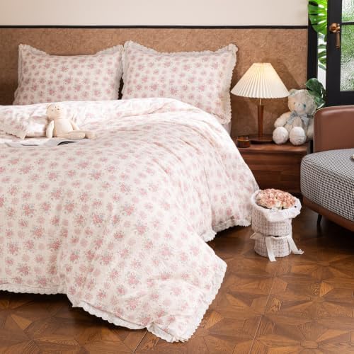 Floral Duvet Cover Queen Pink Flower Bowknot Lace Ruffle Duvet Cover Set Country Vintage Farmhouse Bedding Set for Girls Kids Textured Seersucker Reversible Comforter Cover 3 Pcs