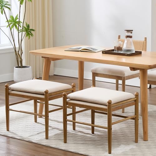 Ottoman Footrest, 19 Inch Upholstered Vanity Bench Seat, Backless Makeup Stool with Solid Wood Legs for Dining Room/Bedroom/Living Room/Entryway,Brown Frame/Beige Linen