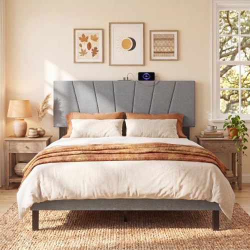KOMFOTT Upholstered Full & Queen Headboard with Charging Station, Grey
