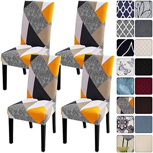 SearchI 4 Pack Super Fit Stretch Removable Washable Short Dining Chair Covers Slipcover Protector, Spandex Fabric Chair Cover for Dining Room, Hotel, Ceremony (Geometric1, 4 per Set)