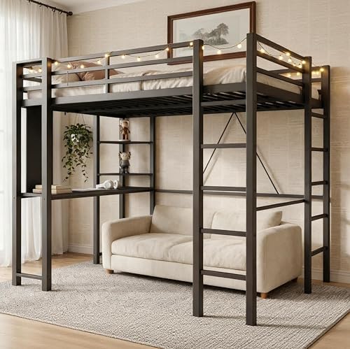 Loft Bed Twin Size with Desk and Safety Guard Rail, Twin Size Metal Bed Frame with Double Layer Shelves for Storage, No Box Spring 2 Security Ladders, Midnight Black
