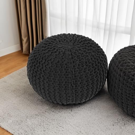 · REDEARTH · Round Pouf Ottoman - Hand Knitted Boho Poof Footrest- Black