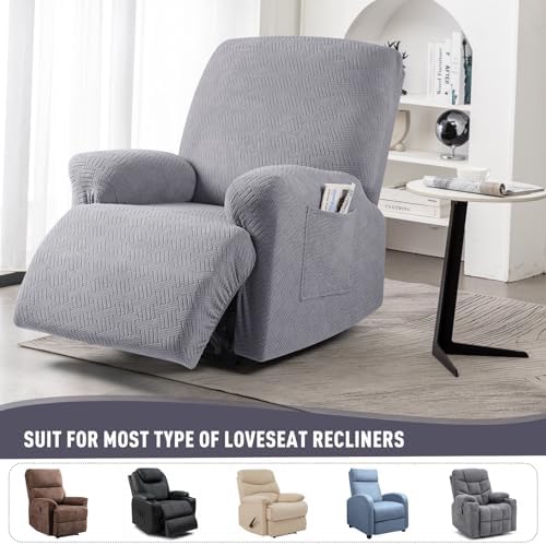 KinCam Recliner Covers, Stretch Reclining Chair Covers, Recliner Sofa Slipcovers Stripe Jacquard Recliner Couch Covers Furniture Protector Covers for Pet Kid (1 Seater, Light Gray)