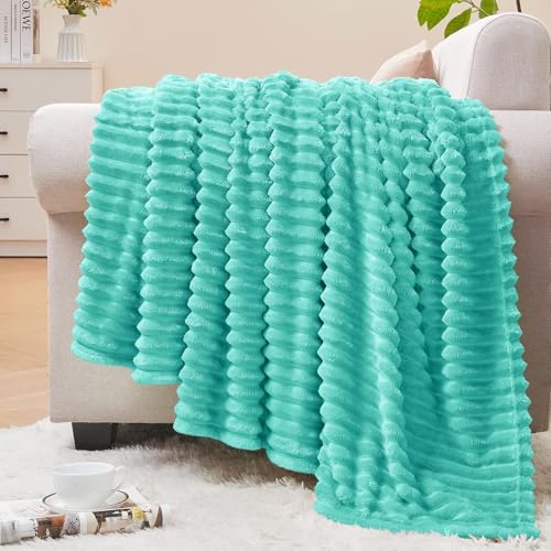BEDELITE 3D Ribbed Jacquard Aqua Fleece Twin Blanket for Couch, 60x80 Inch