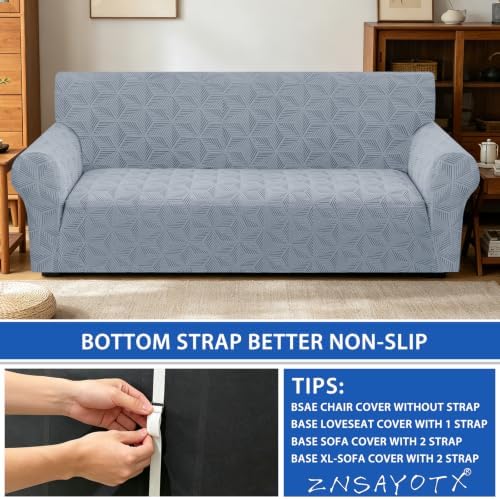ZNSAYOTX Stretch Couch Cover, 1 Piece Sofa Covers for 3 Cushion Couch, Jacquard Sofa Slipcovers with Elastic Bottom Thickened Furniture Protector for Dog Cat Pet (Large, Light Grey)