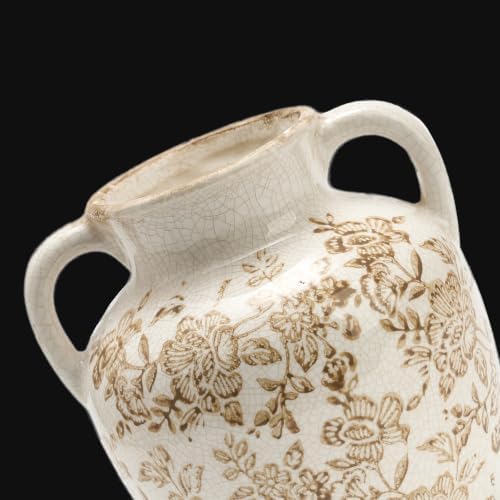 Ceramic Vintage Vase, Utensil Holder, Flower Decorative Vase with Handles, Chinoiserie Decor Rustic Farmhouse Retro Floral Vases for Table Bookshelf Mantel Kitchen Living Room Office - 6.7” Brown 018