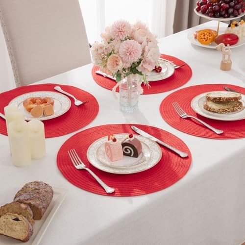 SHACOS 15" Red Round Braided Placemats Set of 6 Washable Fabric Place Mats