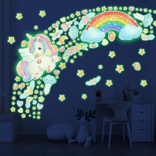 Large Unicorn and Rainbow Wall Decals Glow in The Dark, Cute Stars Stickers for Baby Girls Room, Luminous Ceiling Decor for Bedroom Playroom Nursery