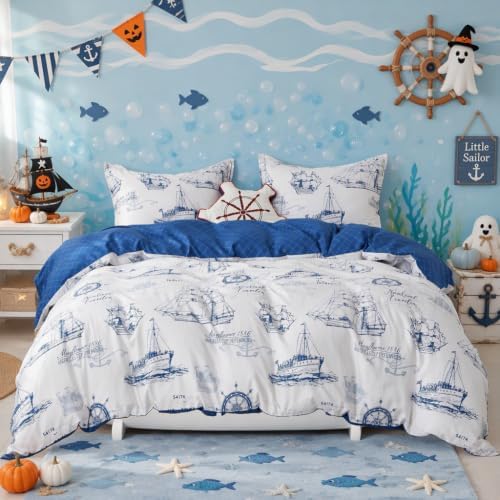 Simple&Opulence 100% Organic Cotton Duvet Cover for Kids Teens, 4 Pieces Soft Cartoon Comforter Cover with Zipper Closure, Boys Bedding Set - Sailboat,Full/Queen