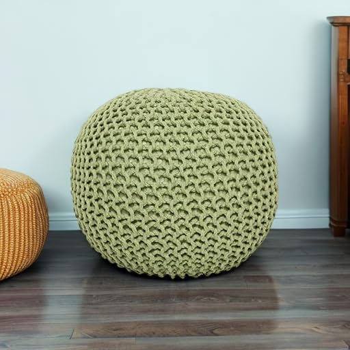 · REDEARTH · Round Pouf Ottoman - Hand Knitted Boho Poof Footrest - Kiwi