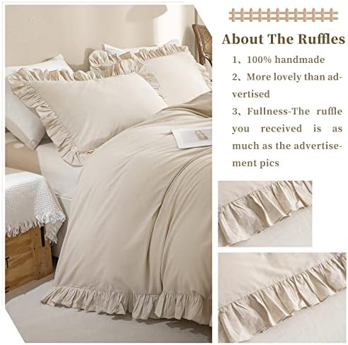 Washed Cotton Duvet Cover King Ruffle Duvet Cover Linen Feel Textured Farmhouse Shabby Vintage Chic Bedding Comforter Cover 3 Pieces Aesthetic Elegant King Bedding