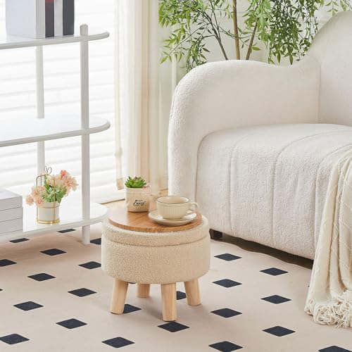 Wimarsbon Round Storage Ottoman,Footstool with Padded Seat and Wood Legs
