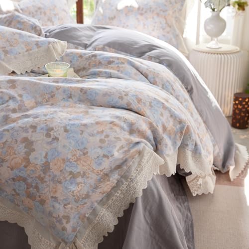 HighBuy Blue Ruffle Duvet Cover Set King Chic Muslin Cotton Floral Bedding Set,Vintage Ruffled Soft Gauze Comforter Cover,Comfortable Chic Lightweight - 1 Duvet Cover with 2 Pillowcase