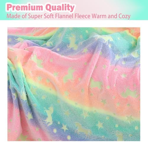 Softan Kids Unicorns Throw Blanket Glow in The Dark, Kids Blanket Gifts for Girls & Boys, Soft Cozy Flannel Luminous Unicorns Blanket for Sofa Couch Bed, Christmas Birthday Gift, 50x60IN