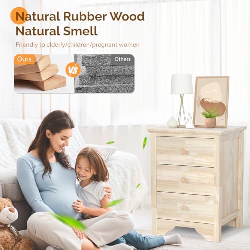 VINGLI Unfinished Rubber Wood Nightstands Set of 2 for Color DIY, 18.54" W Nightstand with Charging Station, 3 Drawer Nightstand, Real Wood Night Stands/Bed Side Table/End Table for Bedroom
