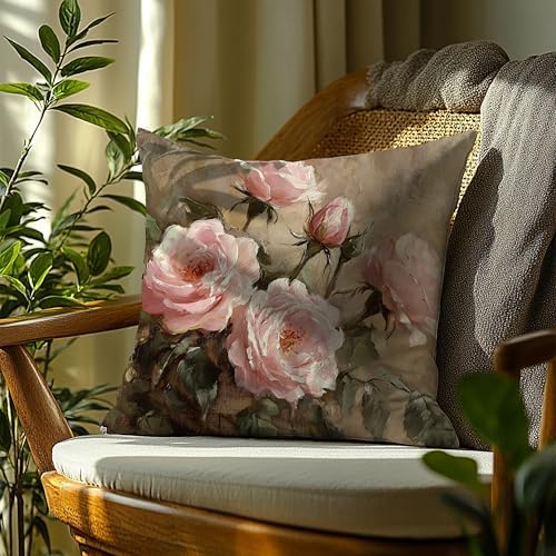 Vintage Pink Rose Floral Rectangle Pillow Throw Cover 18x18 Decor, Shabby Chic Rustic Cottagecore Decorative Throw Pillow Covers Double-Sided