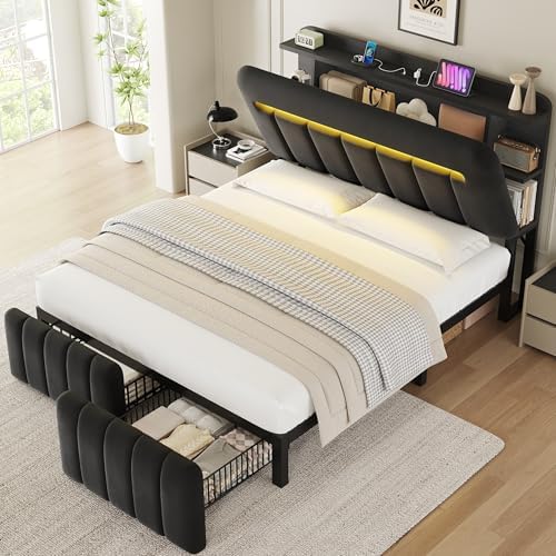 Jocoevol Full Size Bed Frame with Storage Headboard,Upholstered Black Bed Frame Full with Storage Drawers and Charging Station,Velvet Platform Metal Bed, Noise-Free, No Box Spring Needed