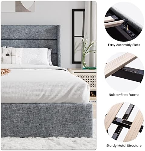 SHA CERLIN King Size Lift Up Hydraulic Storage Bed Frame Blue Grey