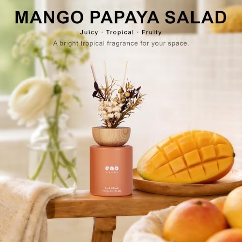 Reed Diffuser Set with Dried Flowers, 5.1 fl oz / 150ml, Mango Papaya Salad - Home Fragrance Diffuser with Sticks for Bathroom Shelf Decor, Bedroom, Office & Gift