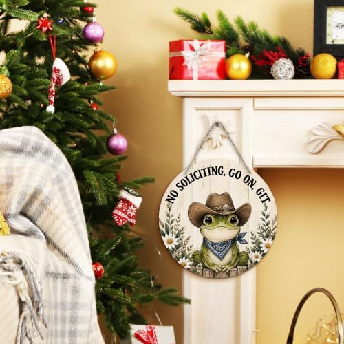 PHAMTE Funny No Soliciting Western Frog Round Wreath Sign for Home 12 Inch