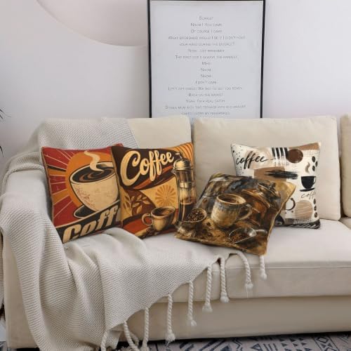 Coffee Print Decorative Throw Pillow Covers 18x18 Inch Set of 4