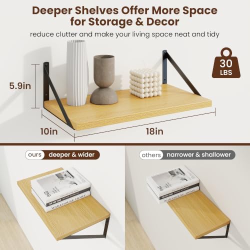 Axeman Deep Floating Shelves, 18'' x 10'' Oak Wall Shelves Set of 2