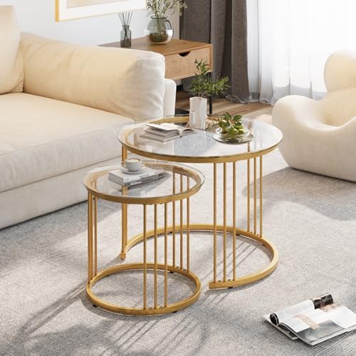 Garden 4 you Nesting Coffee Table, 23.6" Round Coffee Table Set of 2, Glass Nesting Table with Metal Frame, Ceter Tables for Living Room Bedroom Balcony, Gold