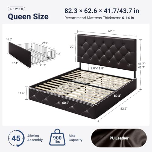 Allewie Queen Size Storage Bed Frame with 4 Underbed Drawers, Upholstered Platform Bed with Adjustable Headboard, Diamond Button Tufted, Easy Assembly, Noise-Free, No Box Spring Needed, Brown