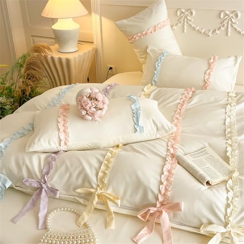 Colorful Striped Ruffled Bedding with Cute Bow,Chic Ruffle Romantic Queen Duvet, Coquette Aesthetic Style 3 piece Duvet Cover Set-1Queen Duvet Cover with 2 Pillowcases, No Comforter