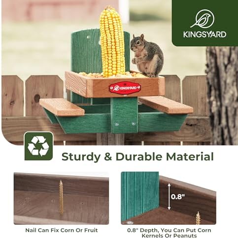 Kingsyard Squirrel Feeder Table for Outside, Recycled Plastic Squirrel & Chipmunk Picnic Table Feeder with Corn Cob Holder, 2 x Solid Structure Benches, Easy to Clean (Green)